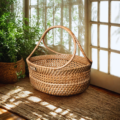 Rattan basket styled in Indian kitchen setting showcasing airflow weave