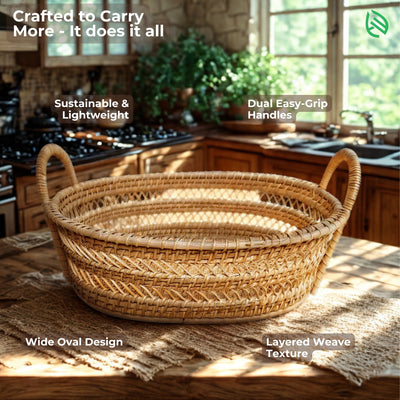 Drift Stash rattan tray in rustic kitchen with wide oval design and natural lighting