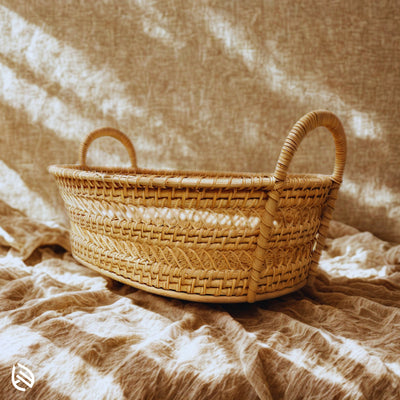 EarthNWe Drift Stash rattan tray styled on linen for cozy natural home decor