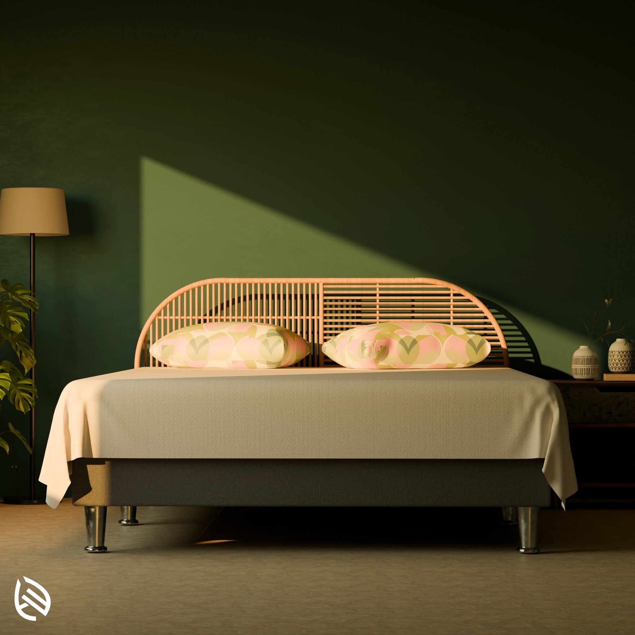 EastNest Ensemble Rattan Headboard styled in a modern boho bedroom
