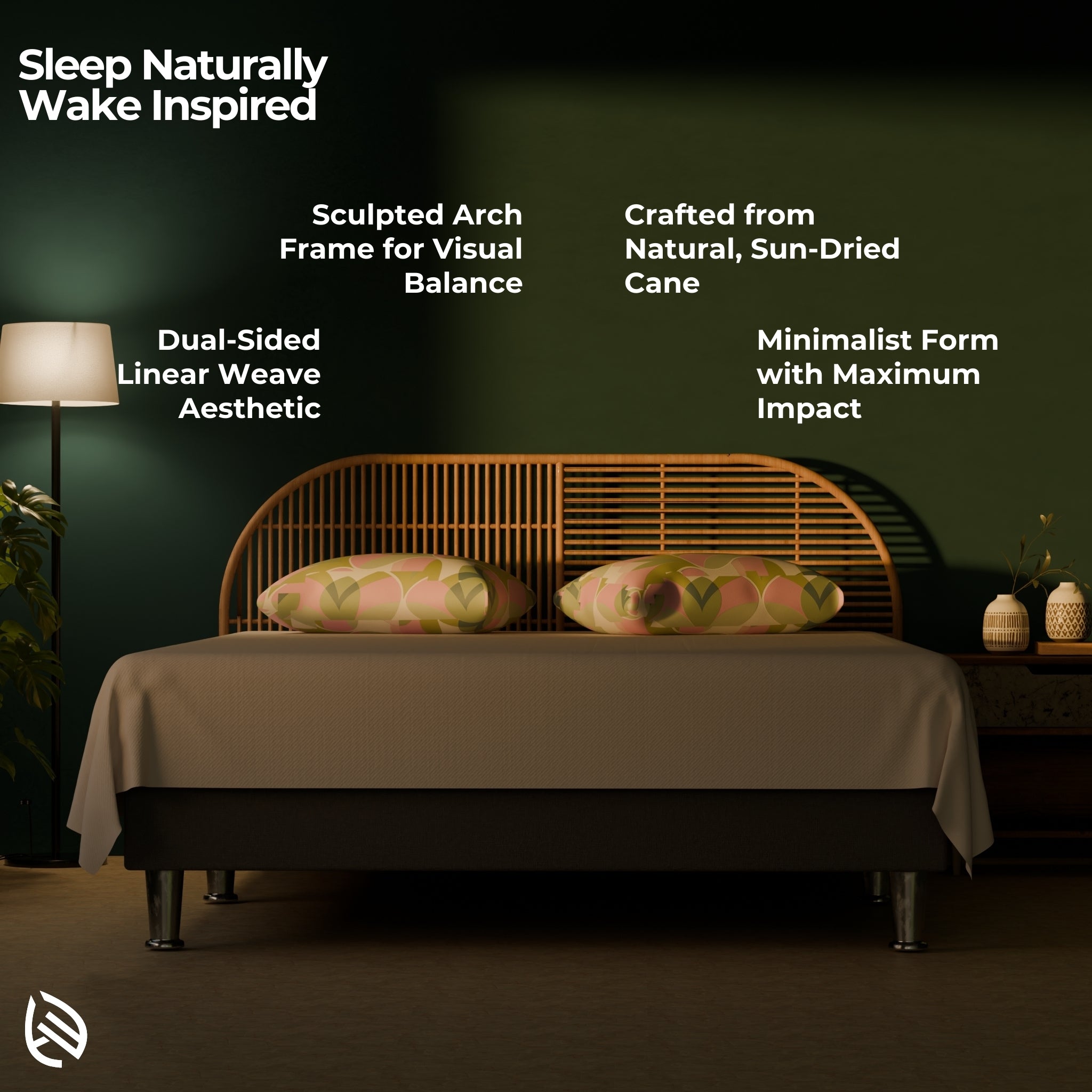 Features of the EastNest Ensemble Headboard: dual-sided weave, arch frame, sustainable material