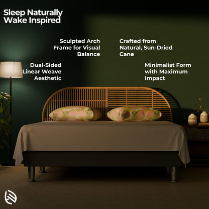 Features of the EastNest Ensemble Headboard: dual-sided weave, arch frame, sustainable material