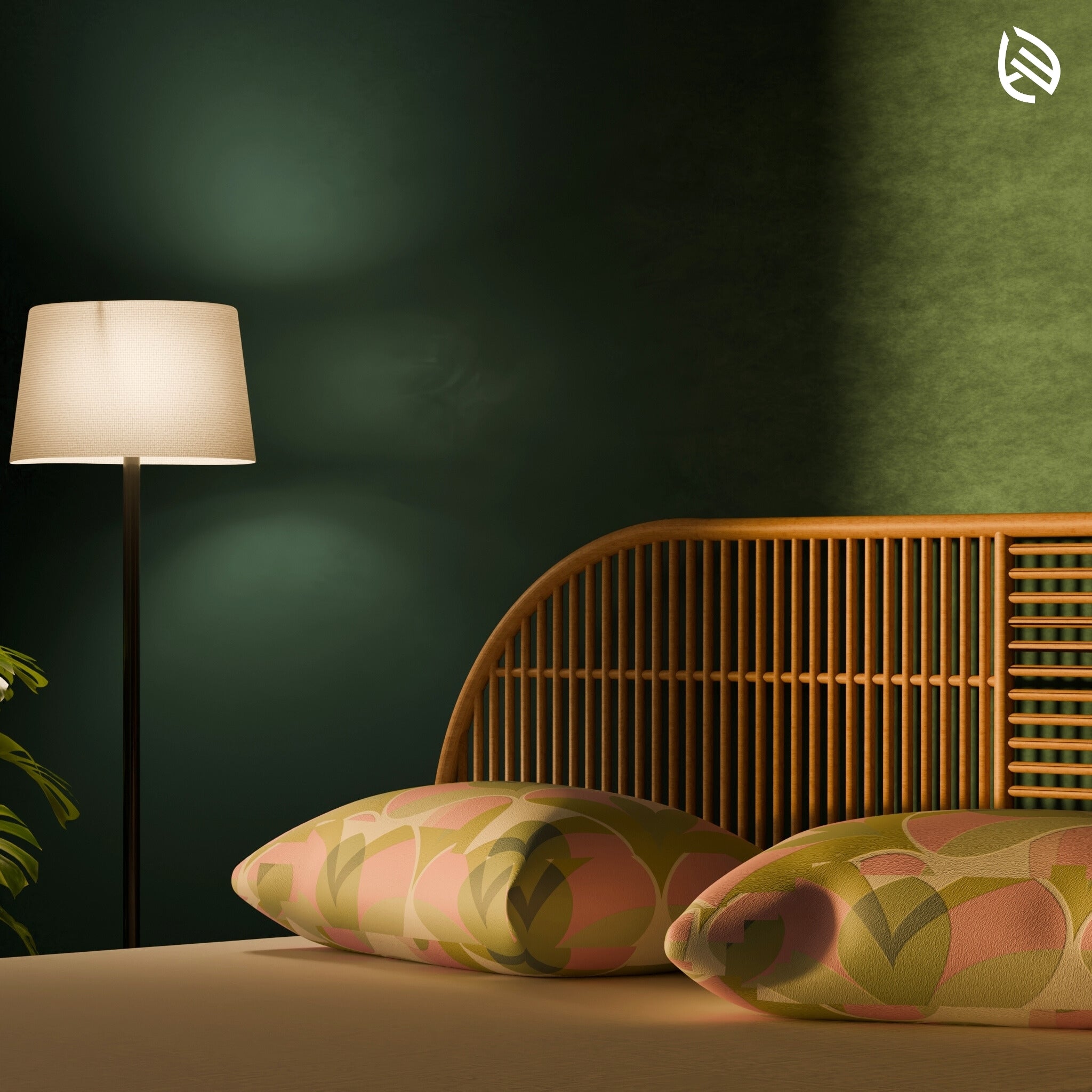 Detail view of dual-sided cane weave on rattan headboard
