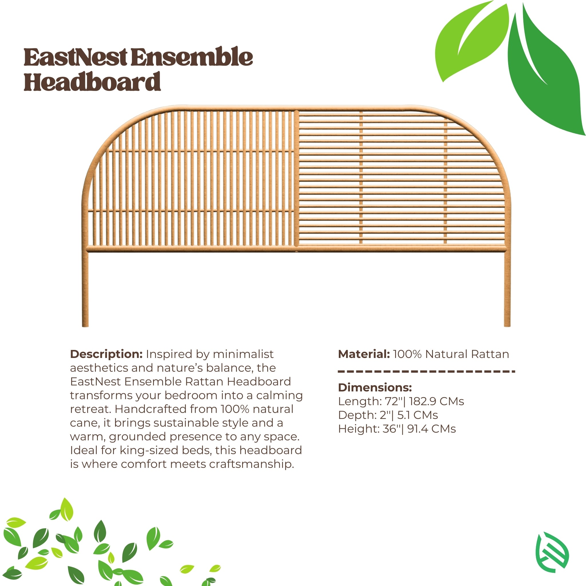 EastNest Ensemble Headboard with product dimensions and natural material details