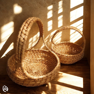 Woven rattan carry baskets in sunlit interior space