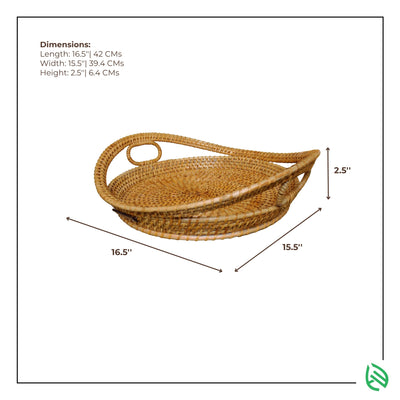 Top view of Harvest Hold tray with annotated size specs – round rattan tray with high-edge and handles