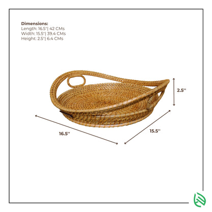 Top view of Harvest Hold tray with annotated size specs – round rattan tray with high-edge and handles