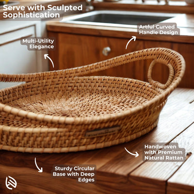 Harvest Hold tray on wooden kitchen counter highlighting sculpted handle design and multi-utility elegance