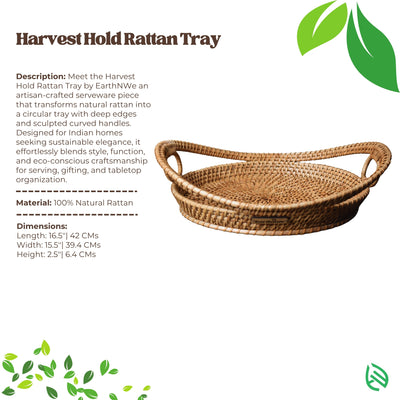 EarthNwe Harvest Hold rattan tray with labeled dimensions – 16.5" length, 15.5" width, 2.5" height