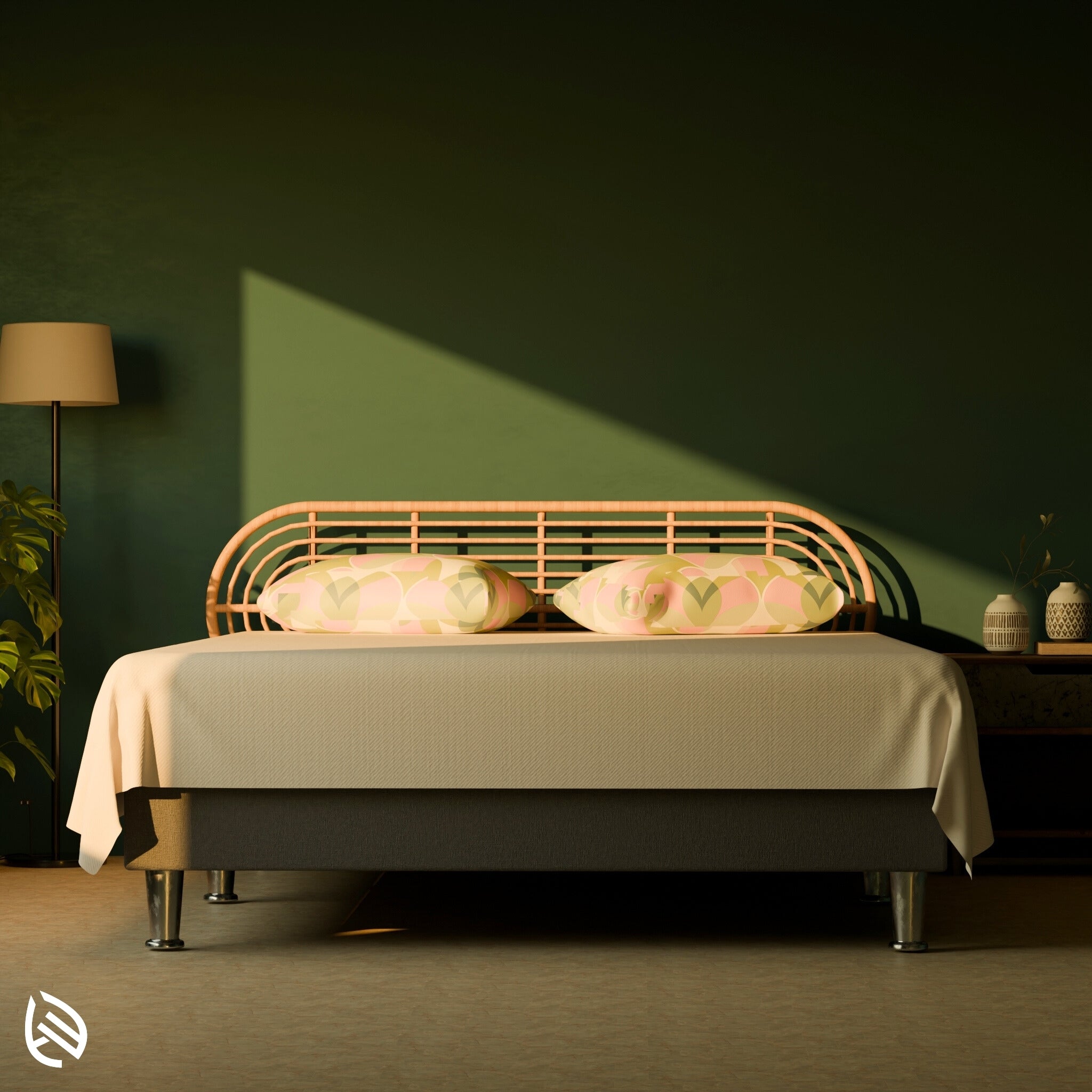 LoomLine Rattan Headboard with capsule curve design in modern bedroom