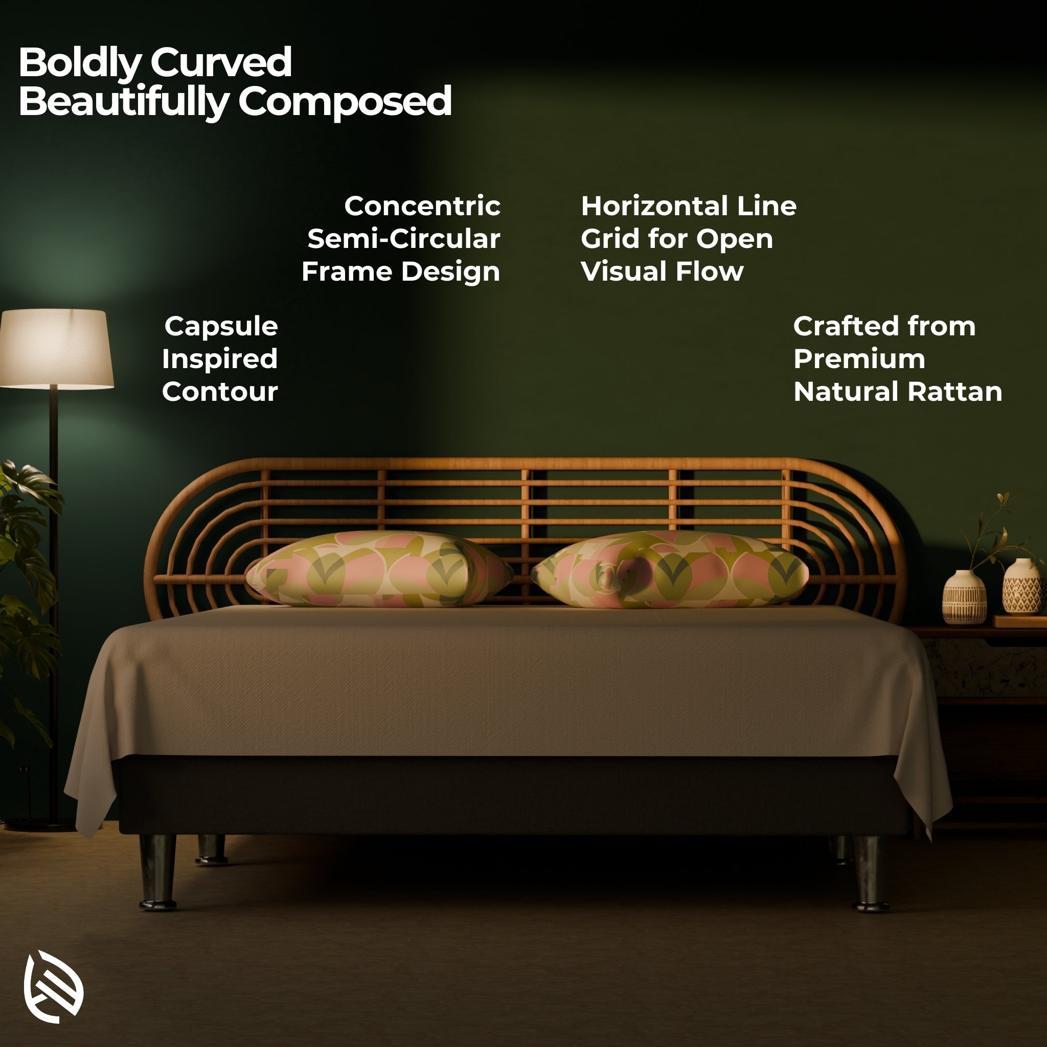 Key features of the LoomLine rattan headboard: capsule contour, concentric curves, natural cane