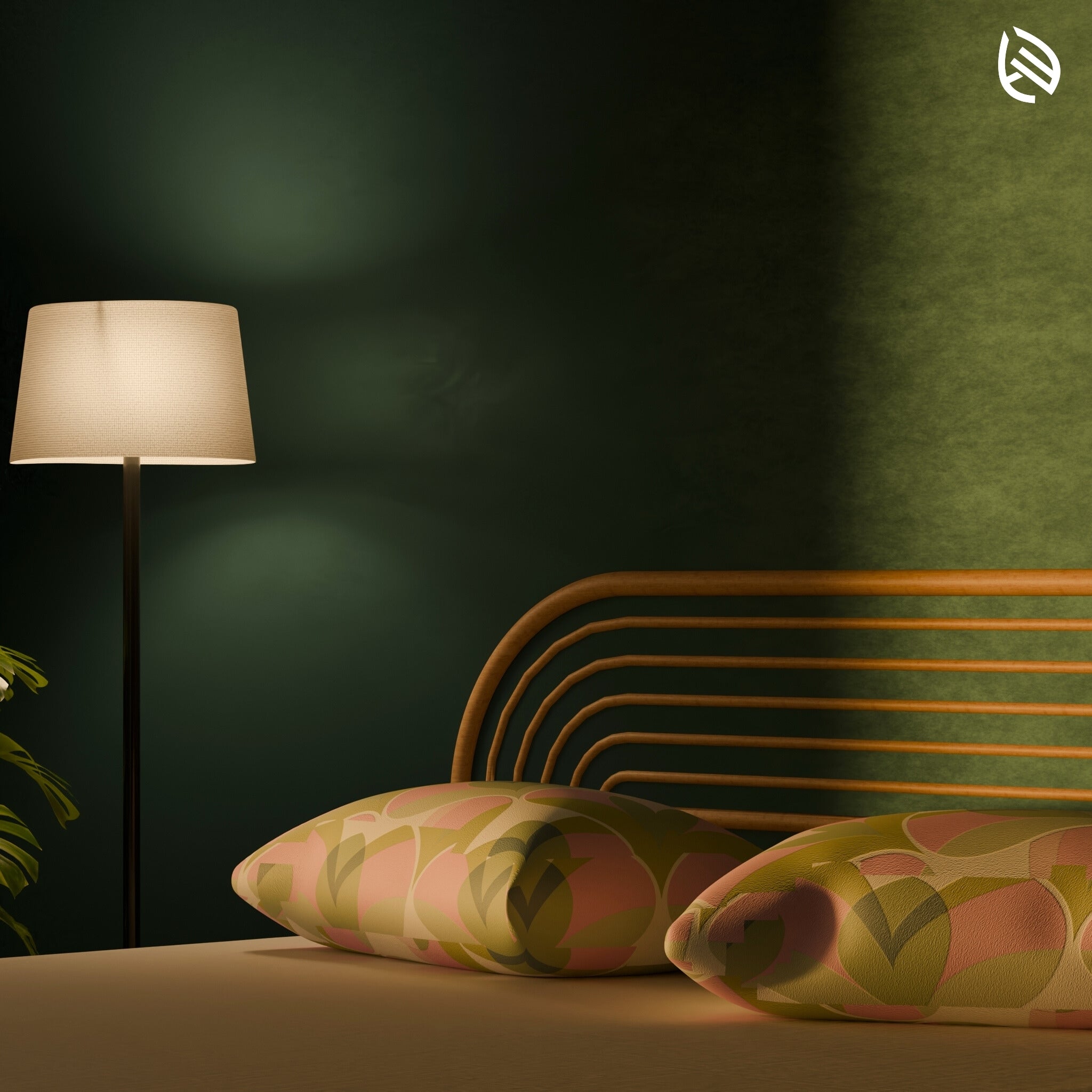 Detail of horizontal grid and curved capsule frame in LoomLine headboard