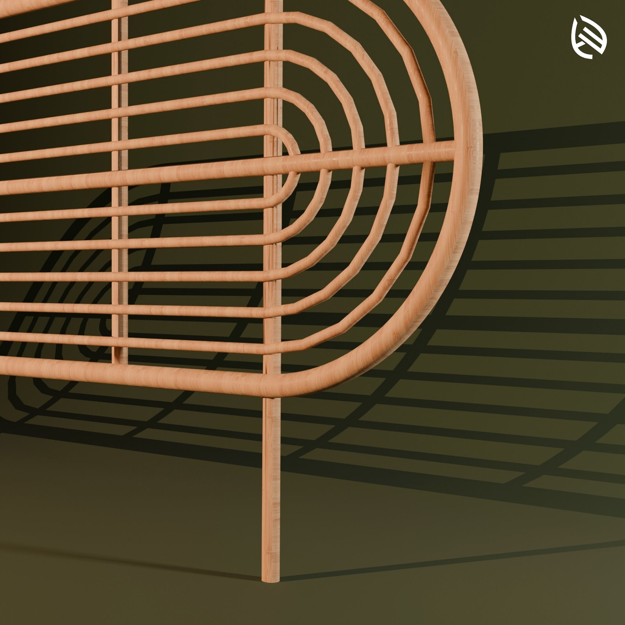 Rounded end structure of the LoomLine handcrafted cane headboard