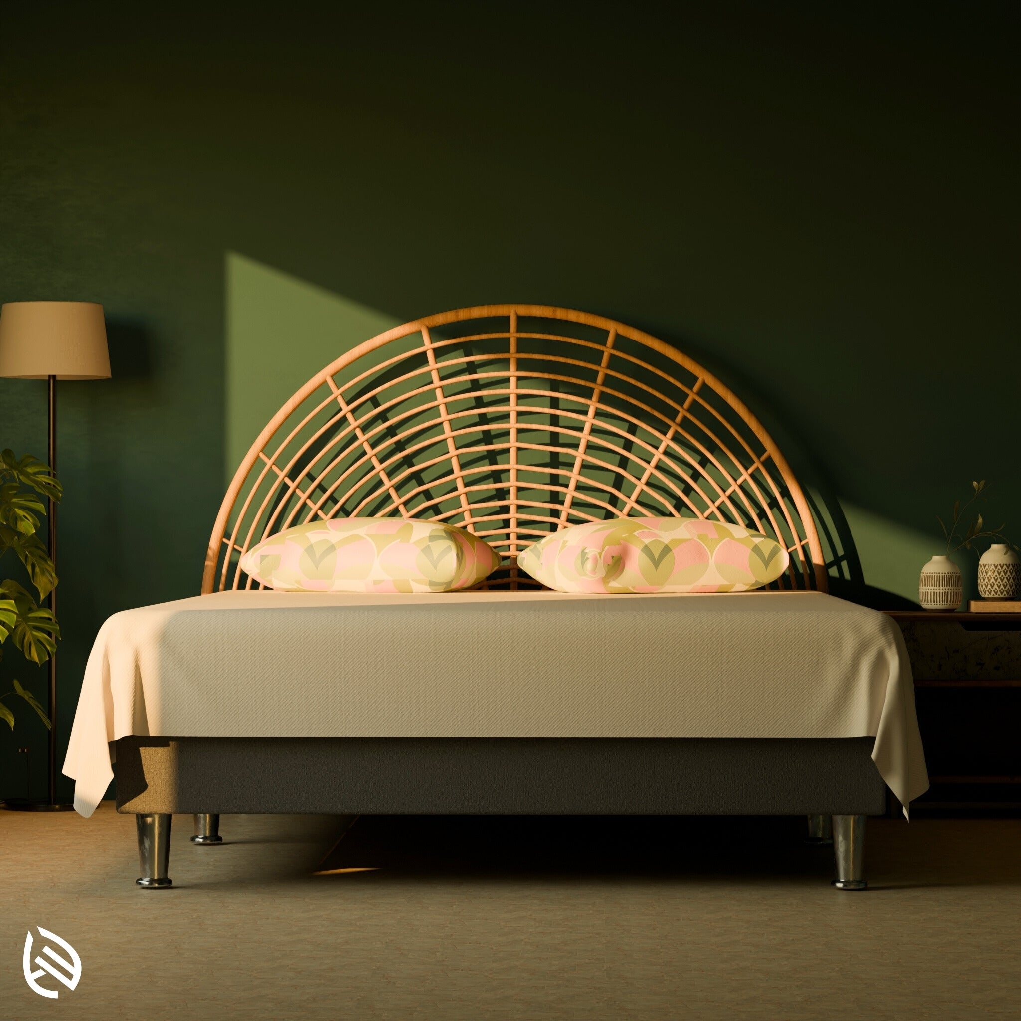 MoonLit Rattan Headboard with full arch and sunburst cane pattern
