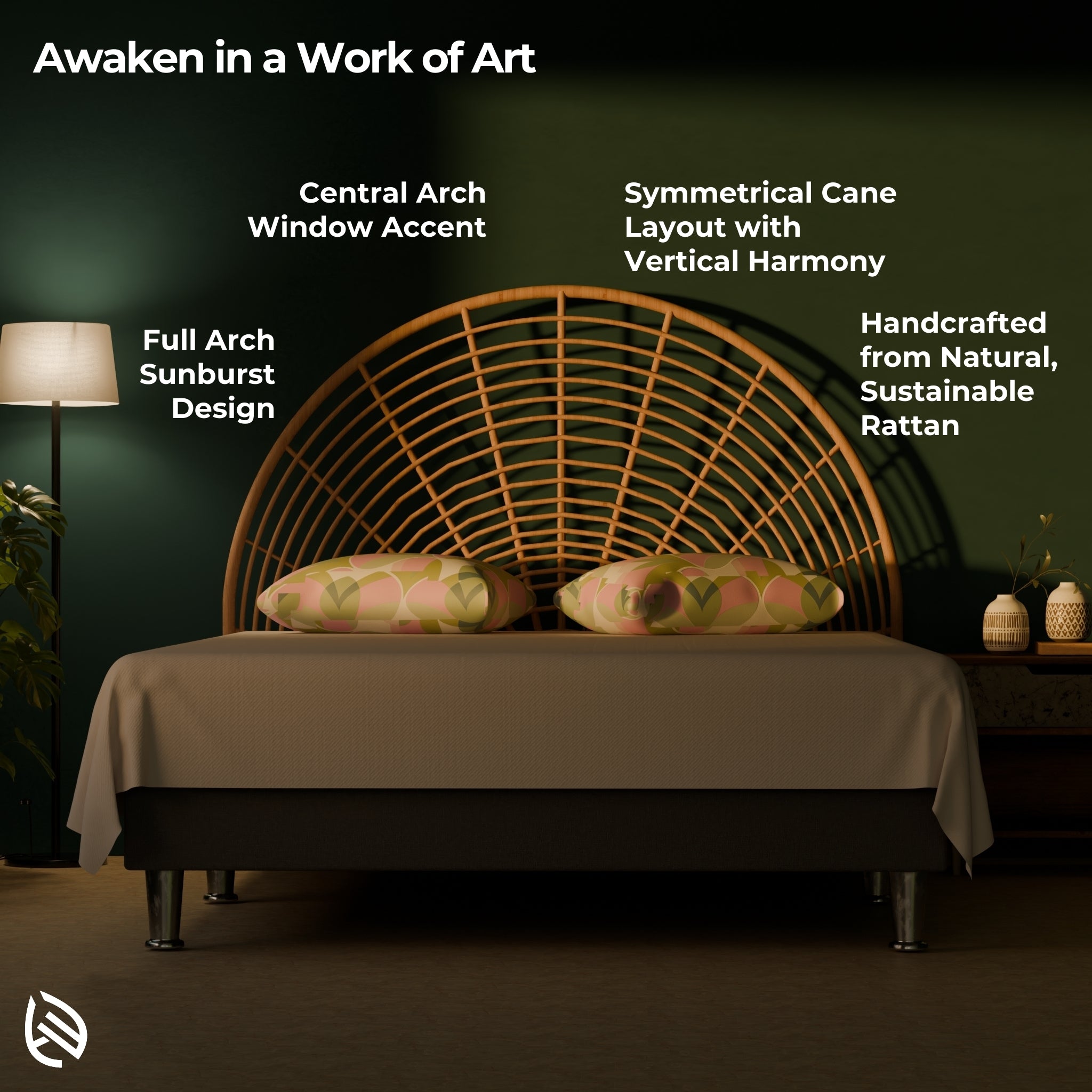 Key features of the MoonLit headboard: sunburst design, central arch, natural cane