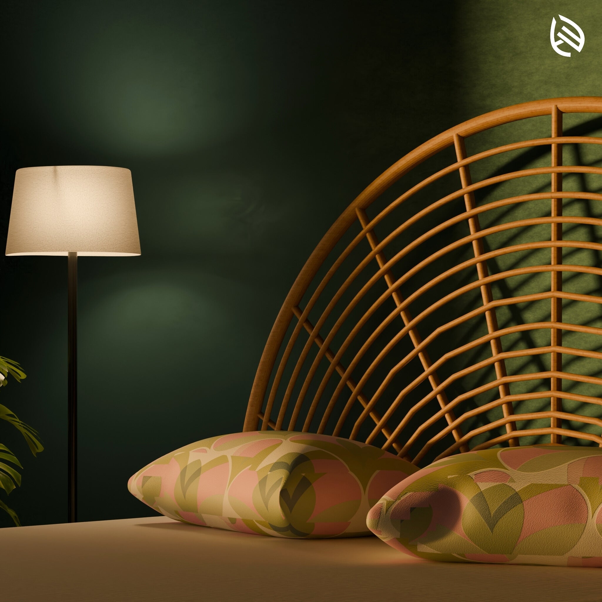 Detail of moonlit headboard cane weaving and arch contour