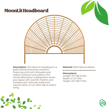 MoonLit headboard dimensions and sustainable rattan material