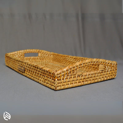 Nature Edge rattan tray rectangular raised-edge cane tray with handles front view