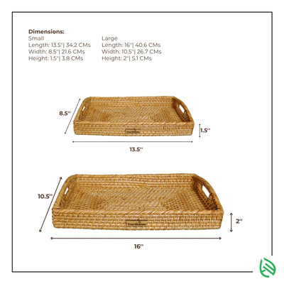 Dimension guide showing measurements of both small and large rattan trays from EarthNWe