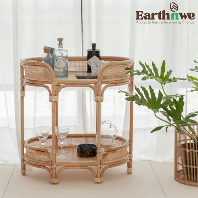 Natural rattan bar cart with shelves