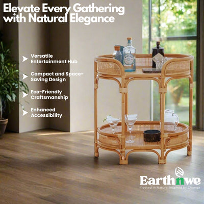 Natural rattan bar cart with shelves