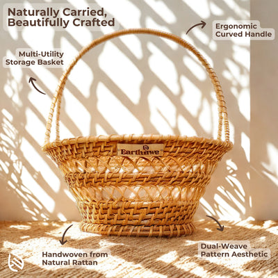 Woven storage basket with ergonomic handle on a neutral background