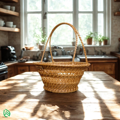 Stylish rattan basket styled on wooden countertop
