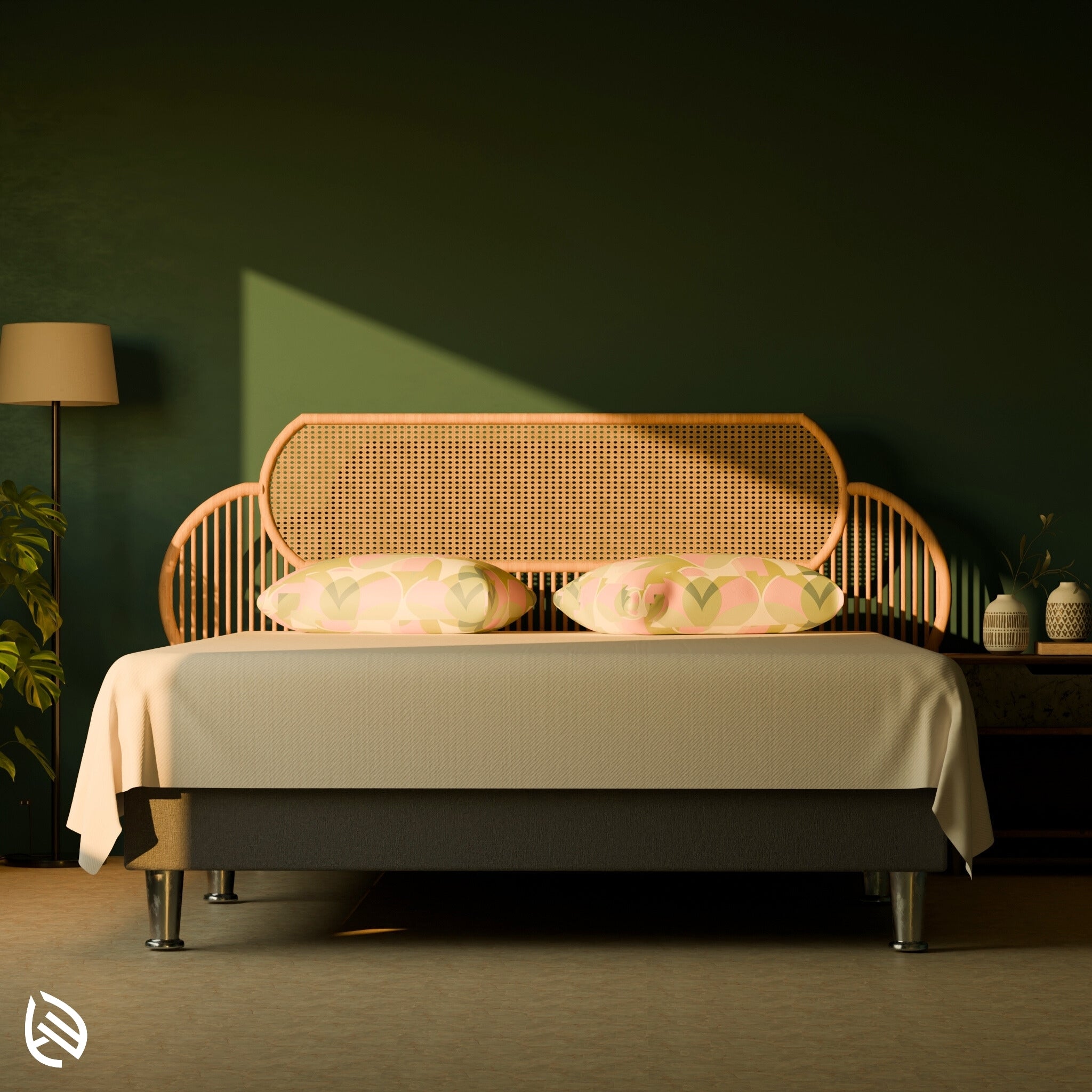 ScandiSoul Rattan Headboard with cane inlay and curved frame in serene bedroom