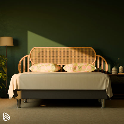 ScandiSoul Rattan Headboard with cane inlay and curved frame in serene bedroom