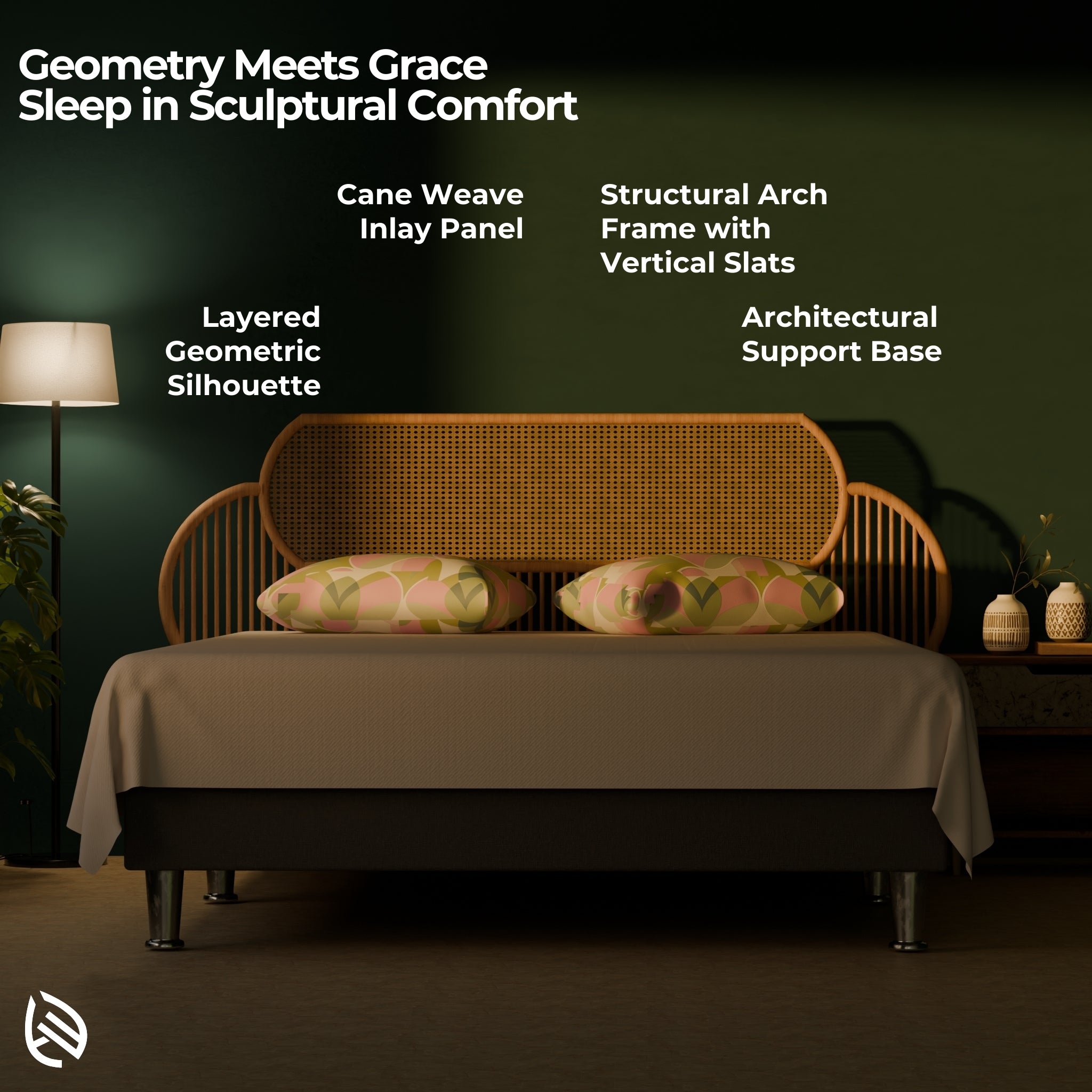 ScandiSoul Headboard design highlights: architectural frame, cane panel, geometric silhouette
