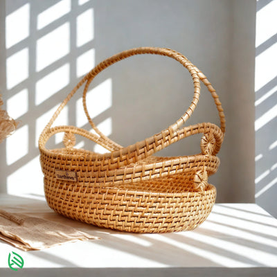Lifestyle image showing Stock Keeper basket styled with linens and kitchen props