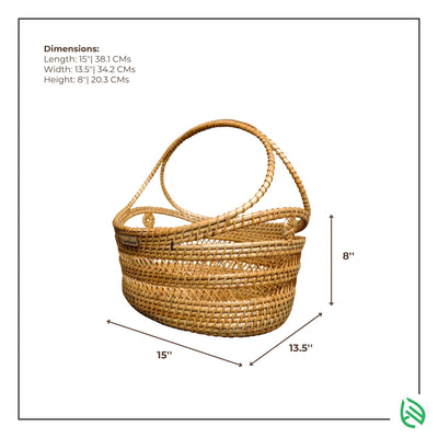 Dimension diagram of Tidy Trove rattan basket with labeled measurements in inches and cm
