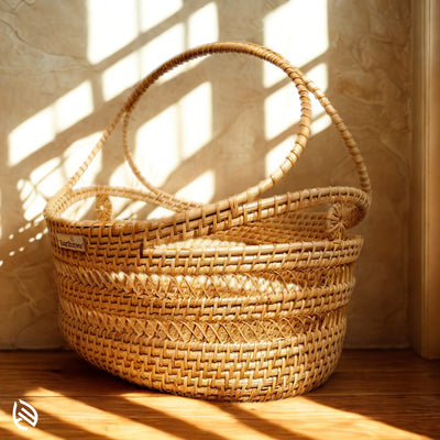 Large handwoven rattan basket placed near sunlight in rustic Indian interior