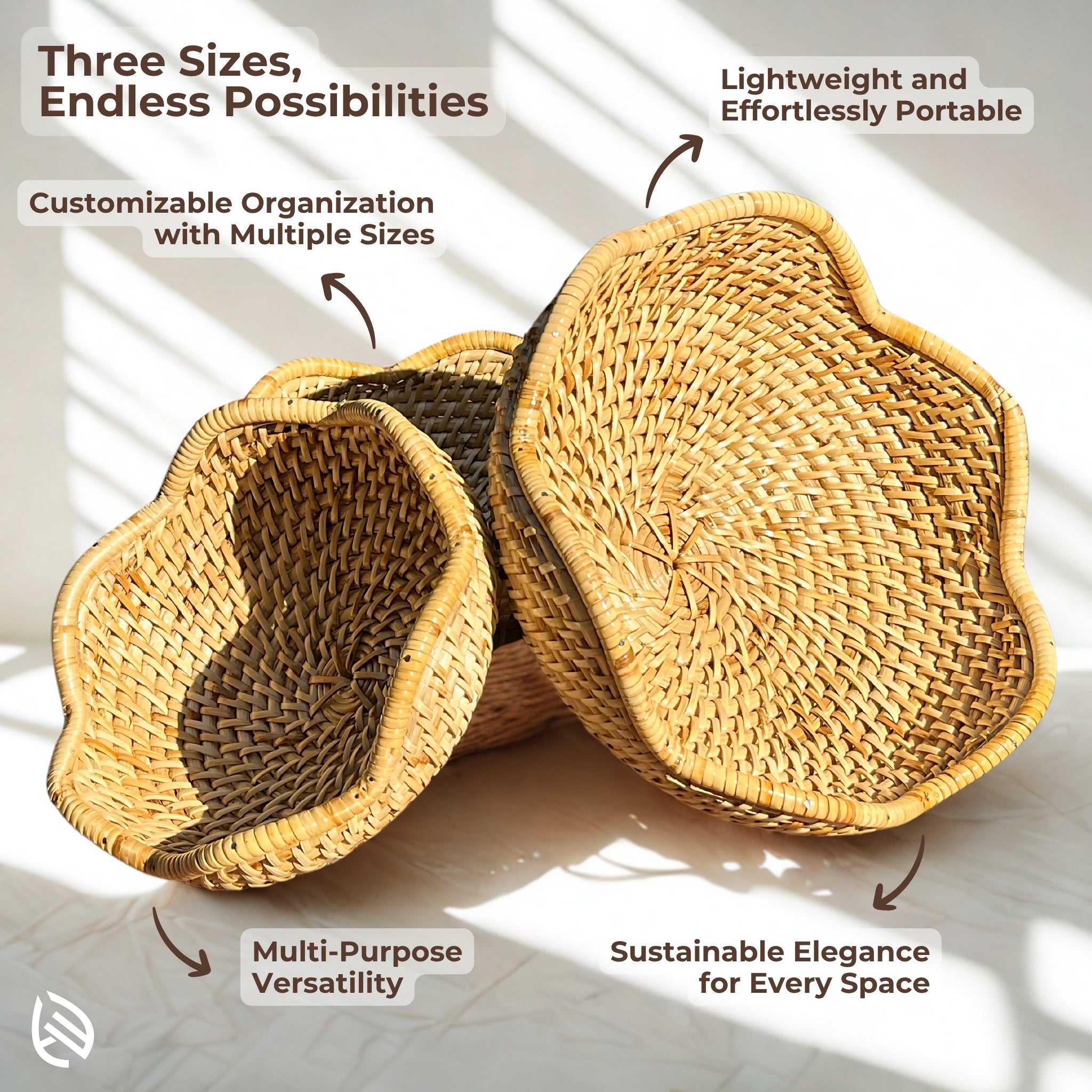 Three size wicker basket set with labeled features