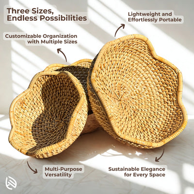 Three size wicker basket set with labeled features
