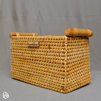 Tuckaway rectangular rattan utility basket with bamboo handles