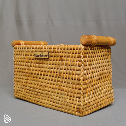 Tuckaway rectangular rattan utility basket with bamboo handles