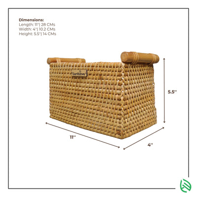 Size guide for narrow rectangular rattan basket with wood handle