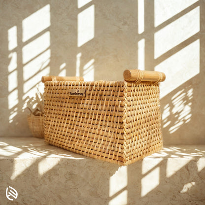 Natural woven rattan organizer on window ledge in sunlight