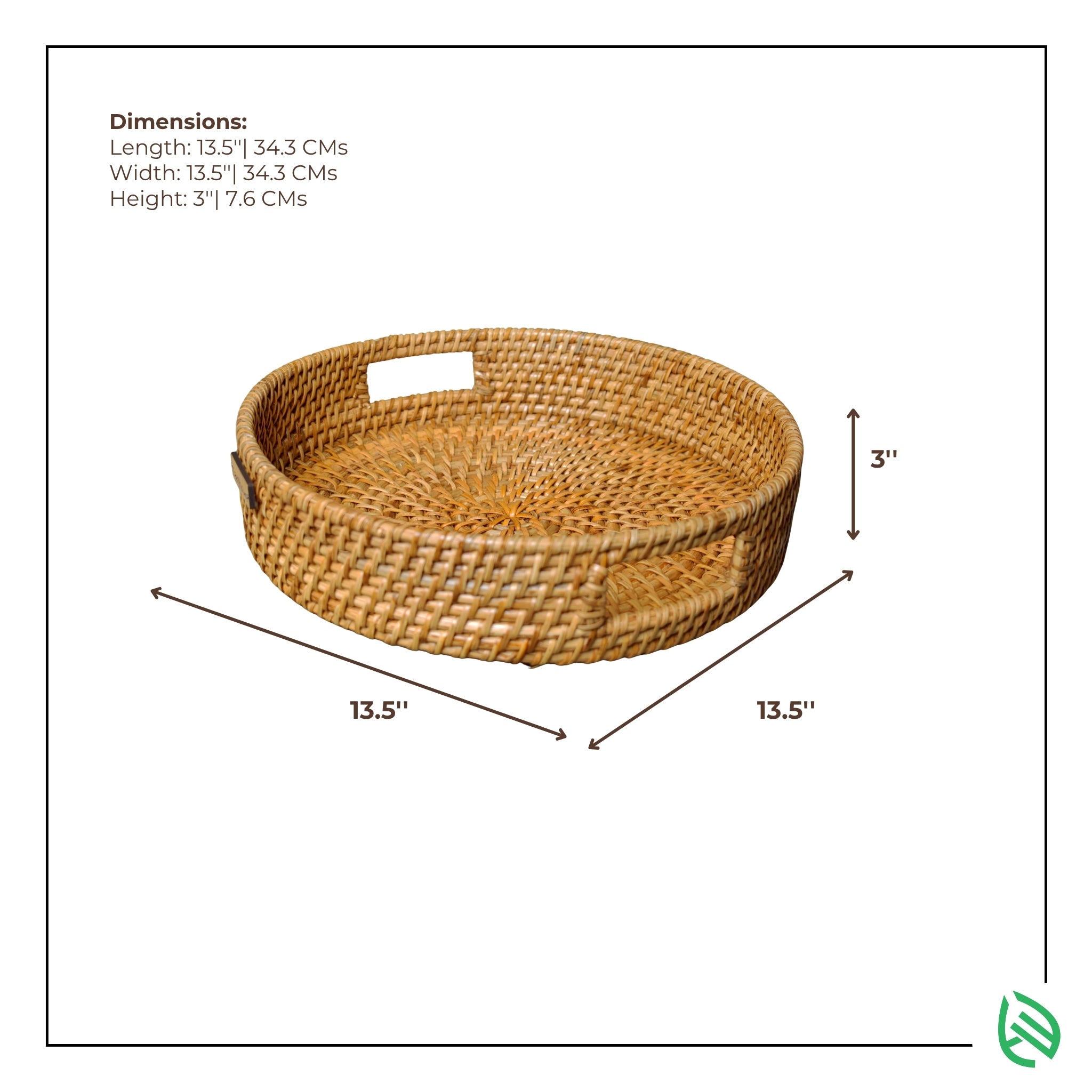 Whisper Weave tray with size dimensions called out in inches and centimeters in top view layout