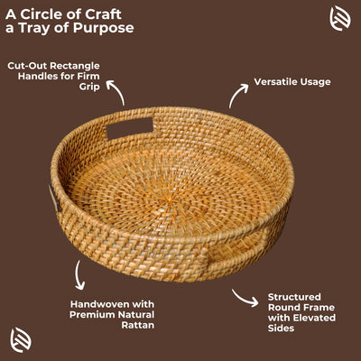 Feature graphic of Whisper Weave tray showing handwoven rattan, round frame, and labeled usage benefits