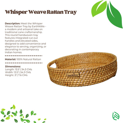 Dimension guide and clean product shot of Whisper Weave rattan tray with 100% natural rattan label