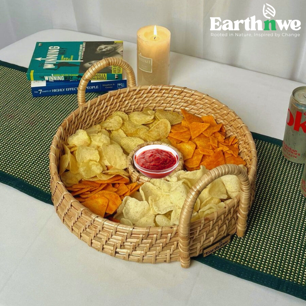 Rattan serving tray with handles