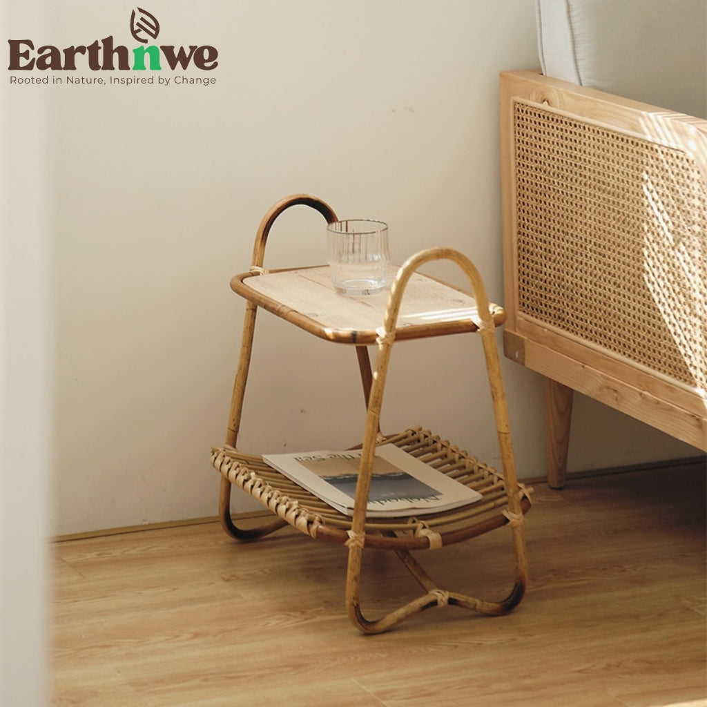 Side table with double-tier rattan design