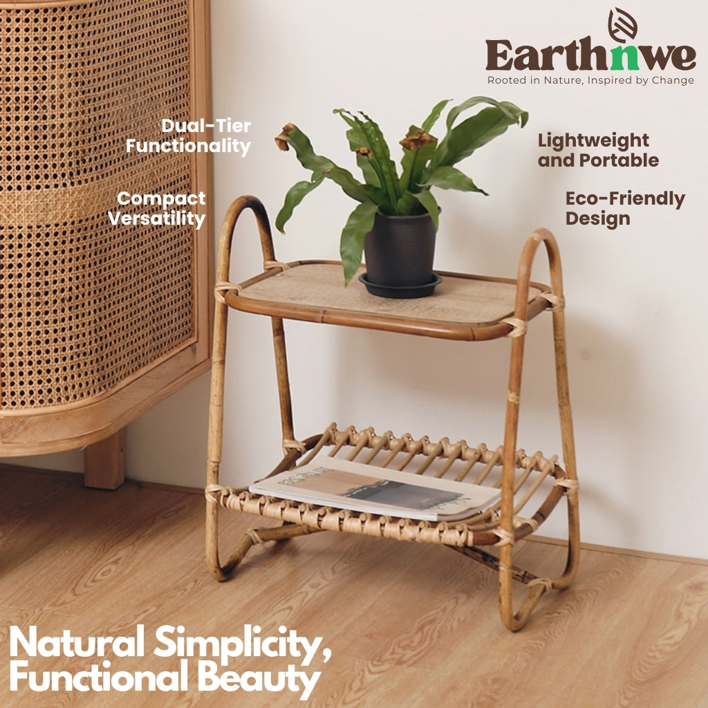 Side table with double-tier rattan design