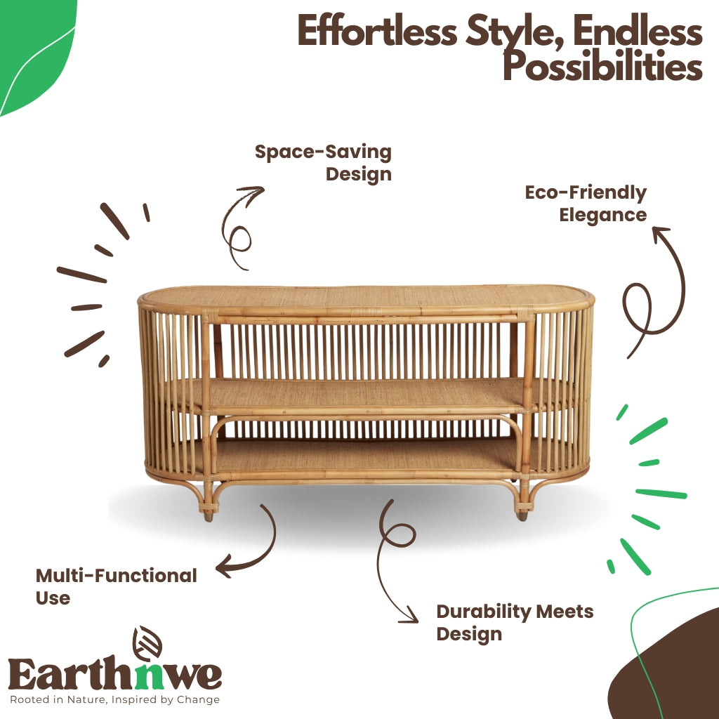 Console table with rattan shelving for storage