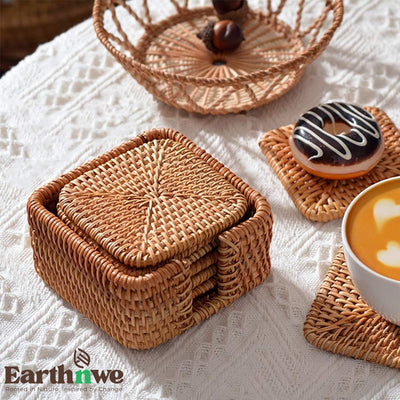 Square handwoven rattan coaster set for homes
