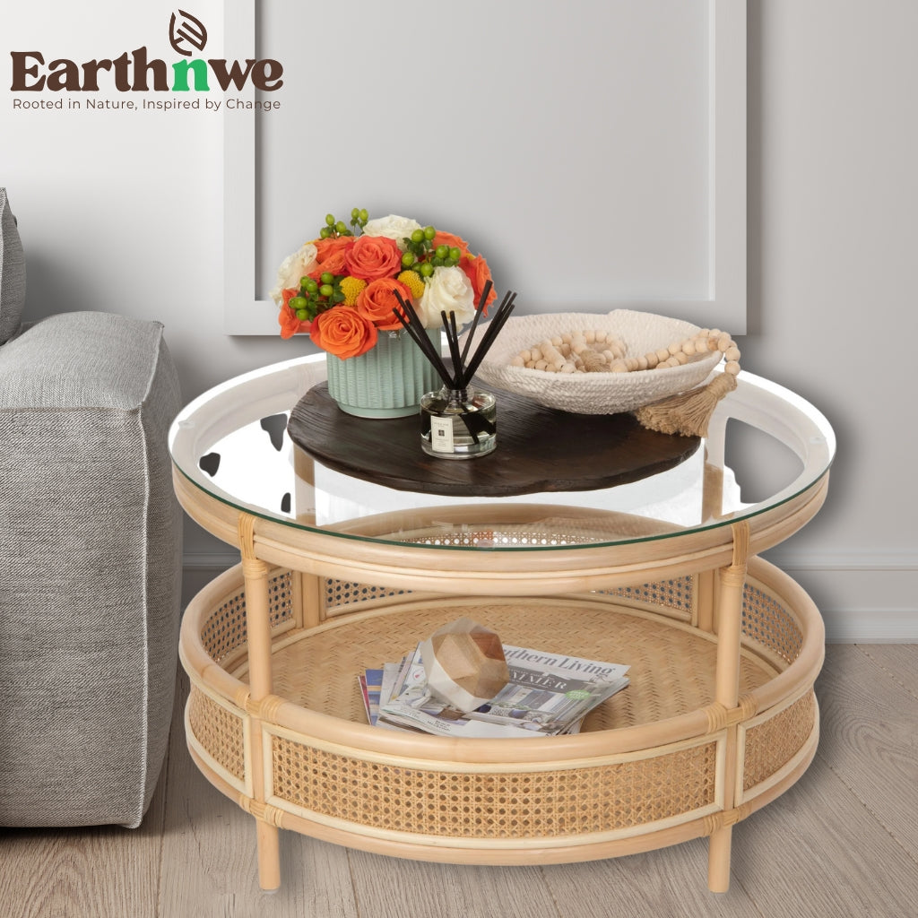 Handcrafted rattan coffee table with glass top