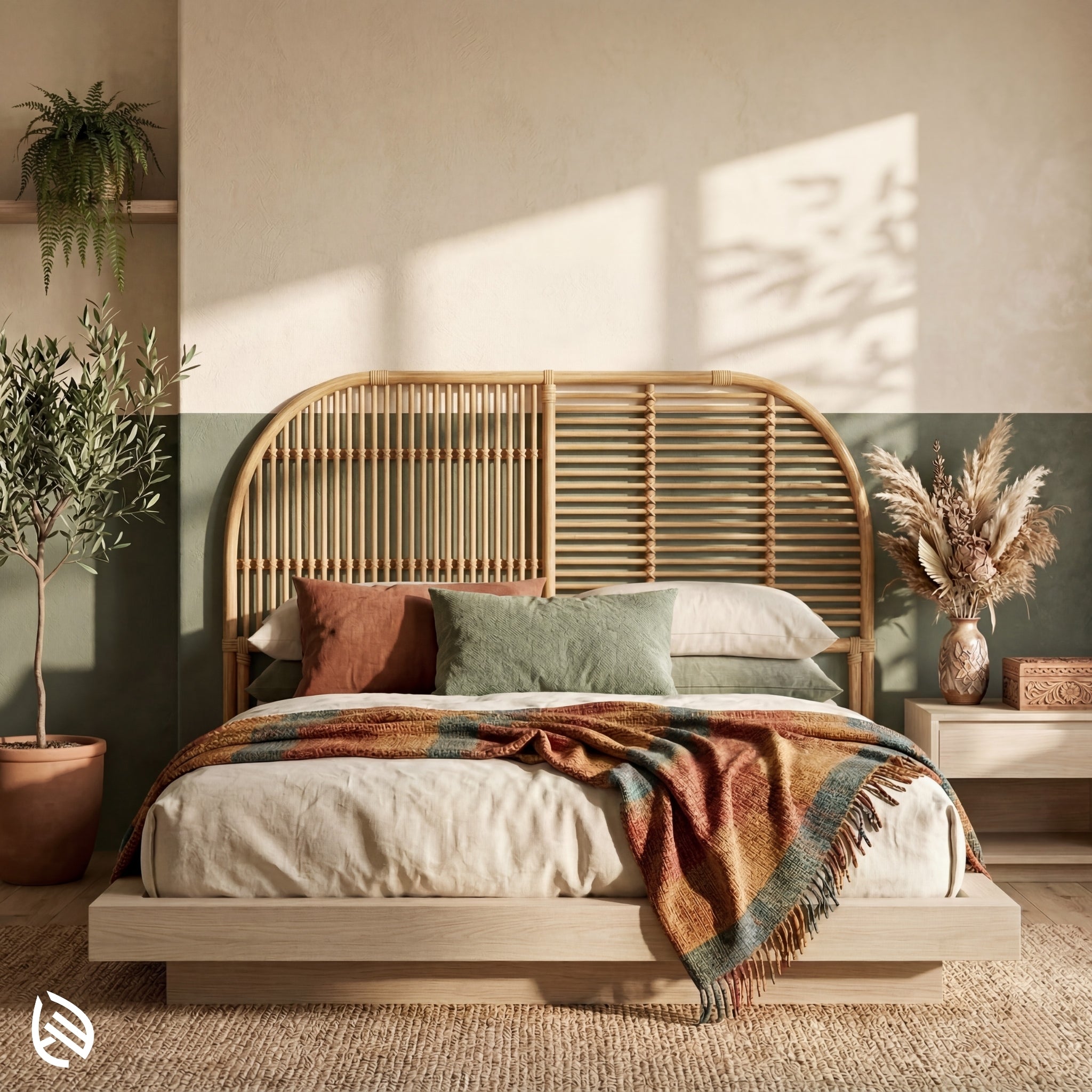 Bedroom with a wooden bed, rattan headboard and decorative pillows, plants, and a vase.
