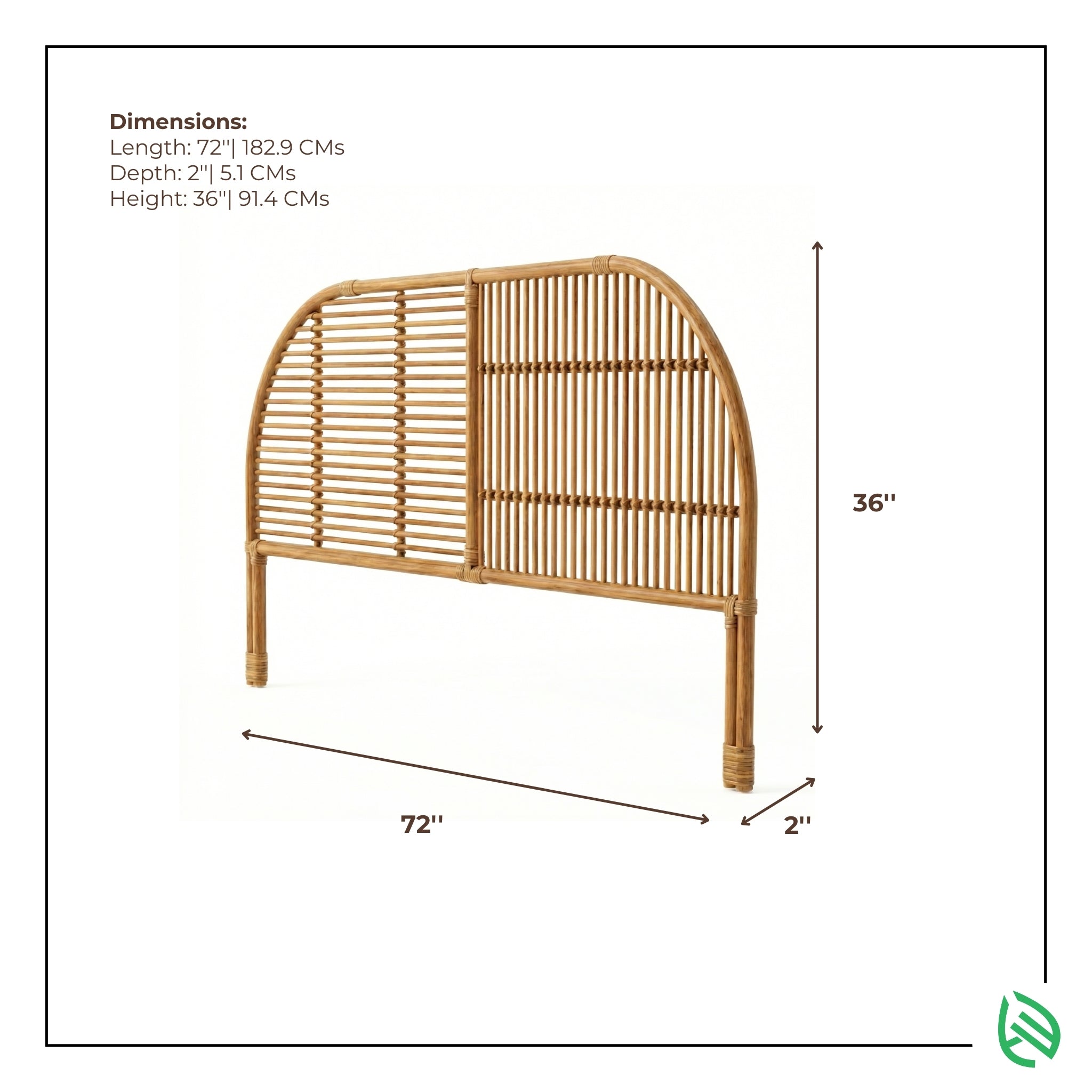 Rattan headboard with dimensions on a white background
